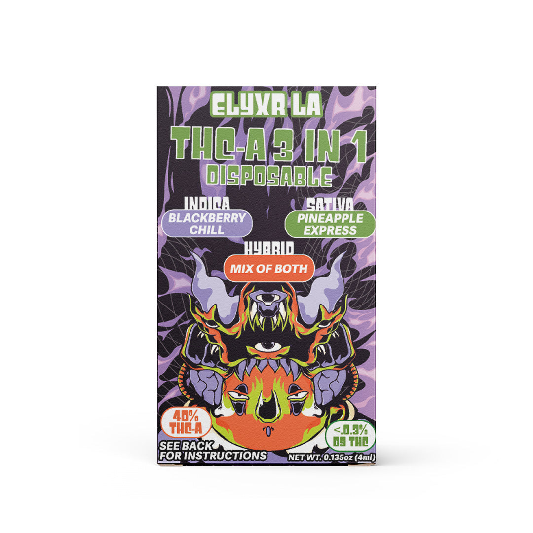 Elyxr LA THC-A 3 in 1 Disposable 4G- Split of Blackberry Chill (I) and Pineapple Express (S), Mix of Both (H)