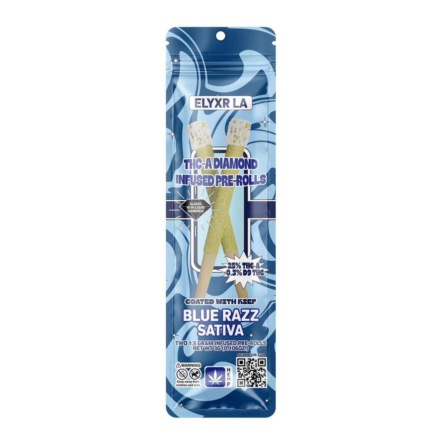 Elyxr LA THC-A 1.5G Keef Coated, Diamond Tip Pre-Roll- Blue Razz (S)