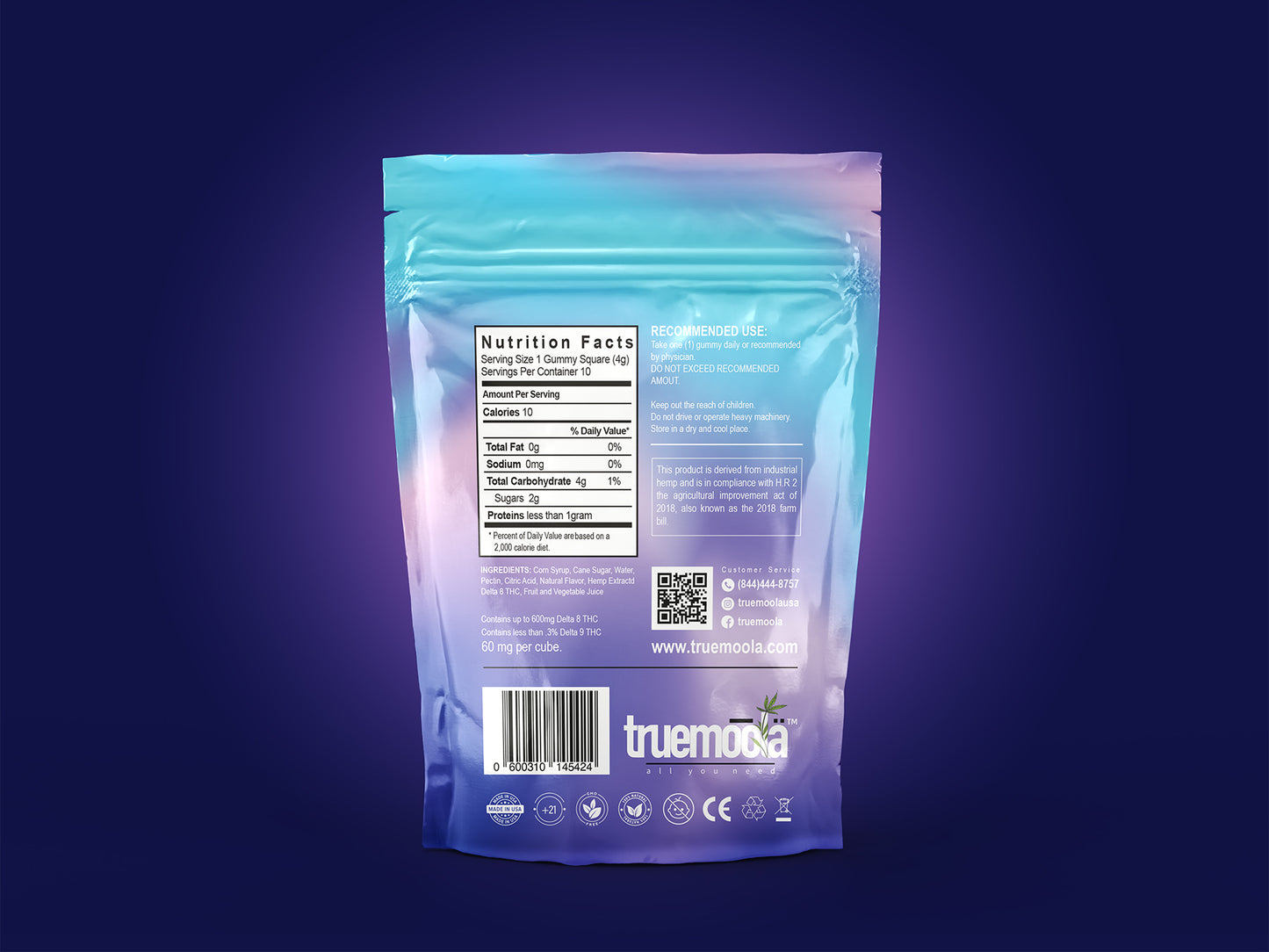 Truemoola 600mg D8 Vegan Gummies Berries n' Cream