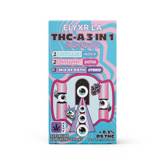 Elyxr LA THC-A 3 in 1 Disposable 4G- Split of Blue Razz (I) and Strawberry Shortcake (S), Mix of Both (H)