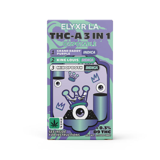 Elyxr LA THC-A 3 in 1 Disposable 4G- Split of Grand Daddy Purple and King Louis (I)