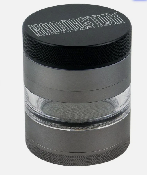 Kannastor Grinder 2.2 w/ Clear See Through Glass, Stainless Steal Resin Collector Mesh Catcher - Gun Metal